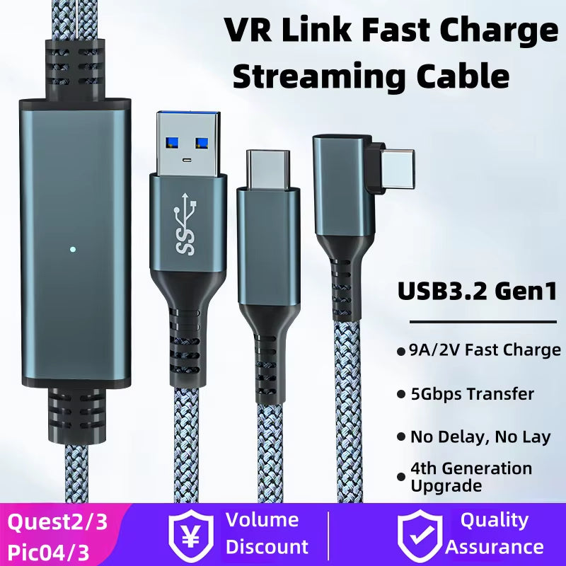 USB3.2 Gen1 VR Link Streaming Data Cable for Meta Quest 2 3 3S/PICO Neo 3/PICO 4 Quick Charge 9V 2A Cable 5Gbps USB-C Data Cord