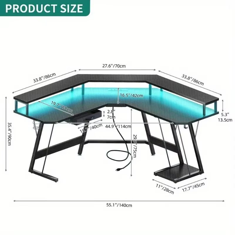 Gaming Desk Corner Table Computer Desk with RGB Light Power Outlets