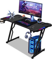 Gaming Table, 120 X 60 Cm Gaming Desk, PC Table Gaming with Carbon Fibre Surface, Gamer Desk with LED Z-Frame, Computer Desk