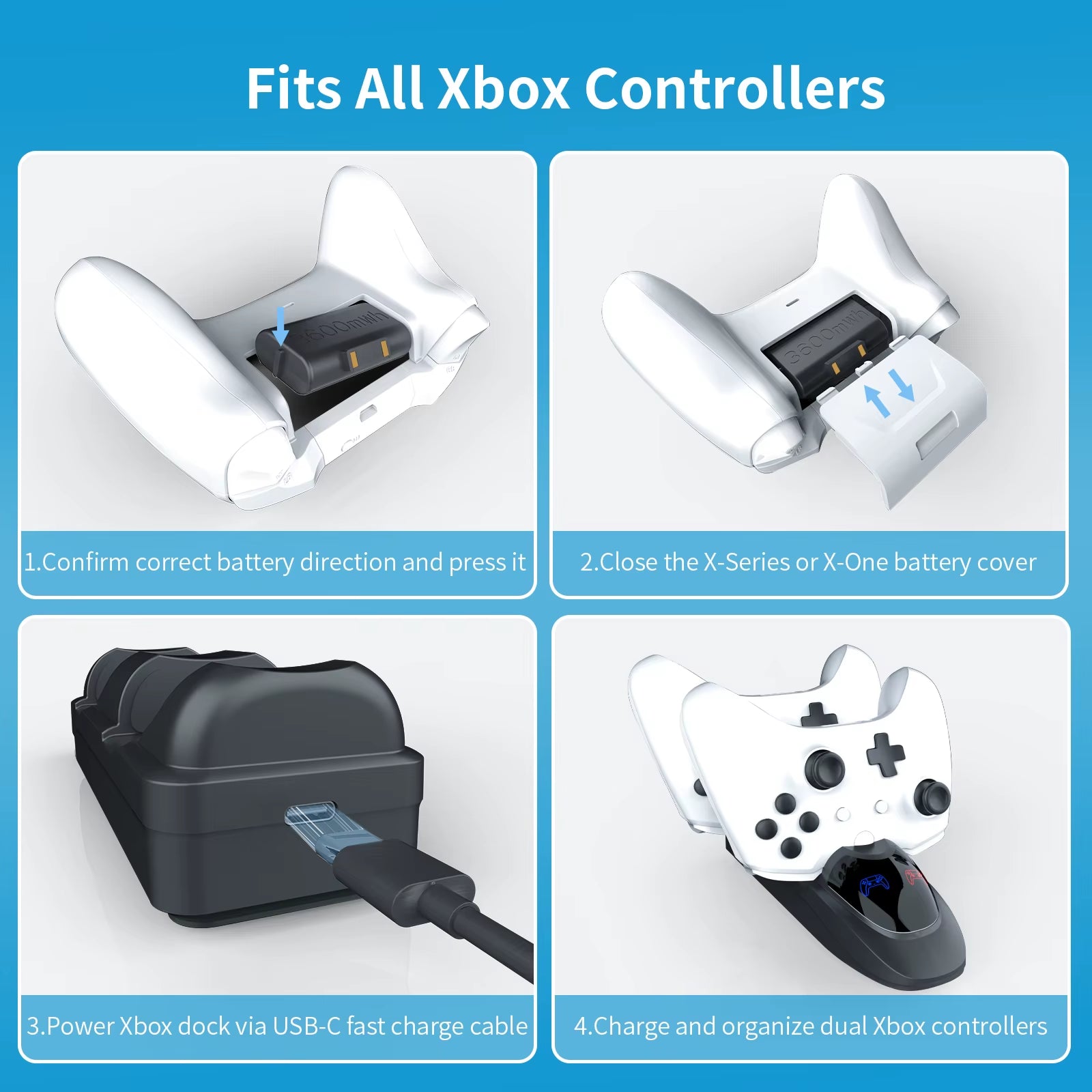 Controller Charger Station with 2X3600Mwh Rechargeable Battery Packs for Xbox One/Series X|S Controller, Dual Charging Dock For