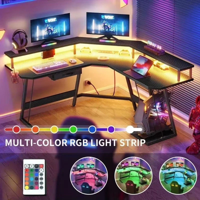 Gaming Desk Corner Table Computer Desk with RGB Light Power Outlets