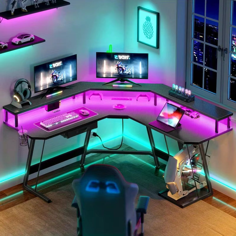 Gaming Desk Corner Table Computer Desk with RGB Light Power Outlets